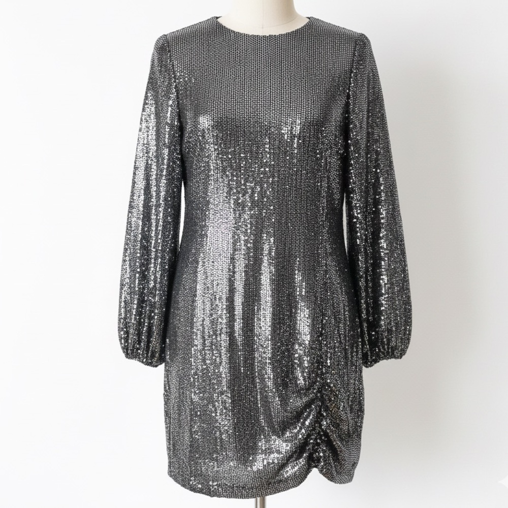 SAYLOR Polina Black Silver Sparkling Sequined Puff Sleeve Party Dress Size Small